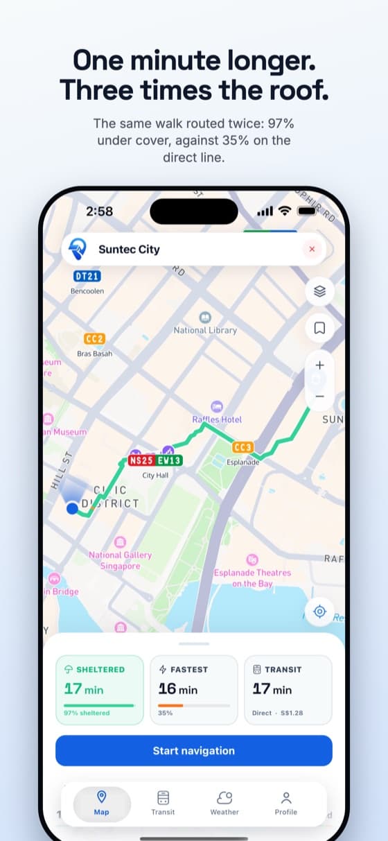 Sheltered route to Suntec City: 97% under cover, against 35% on the direct line